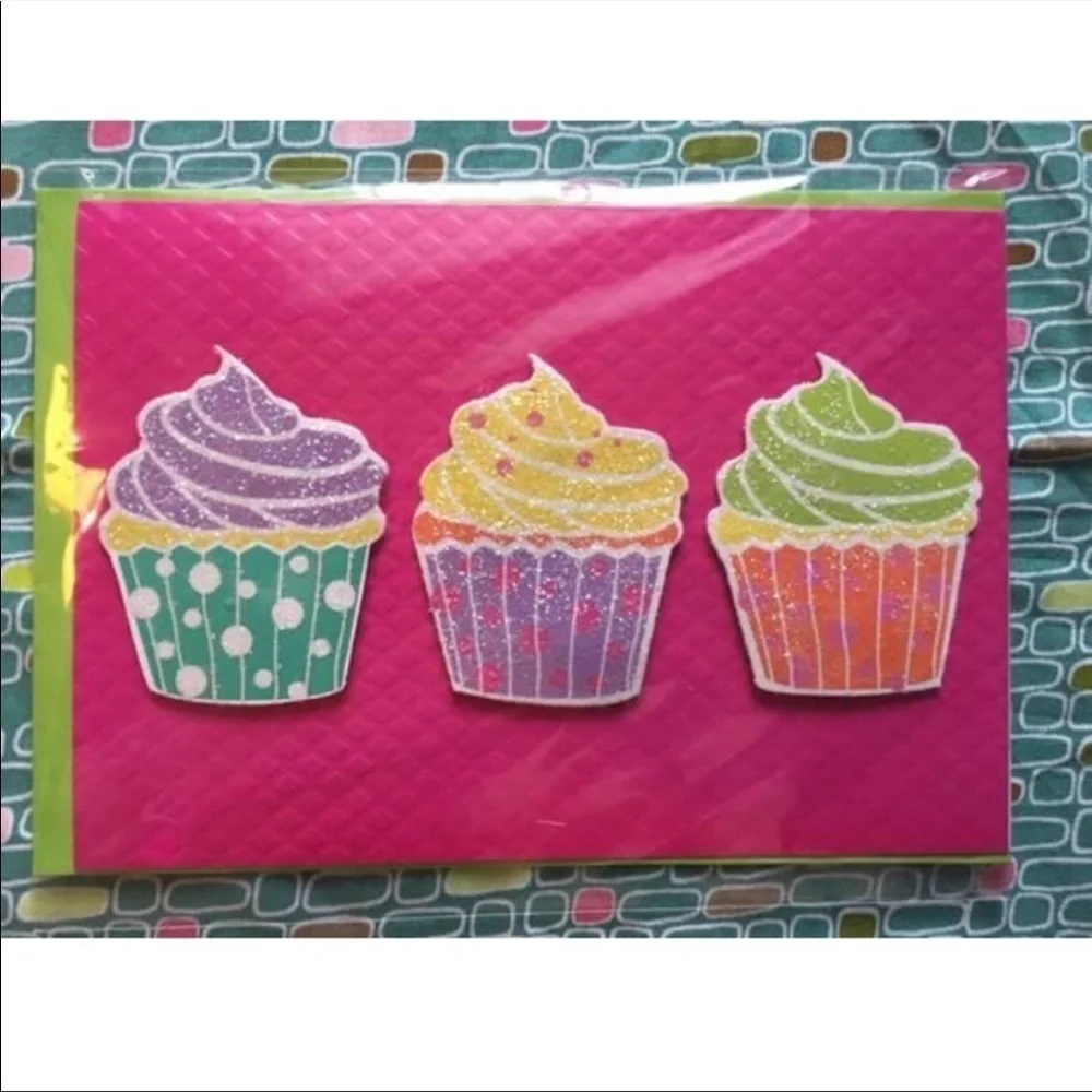 Handmade Greeting Cards Blank Glitter Daisy Flower Birthday Cupcakes Set of 3